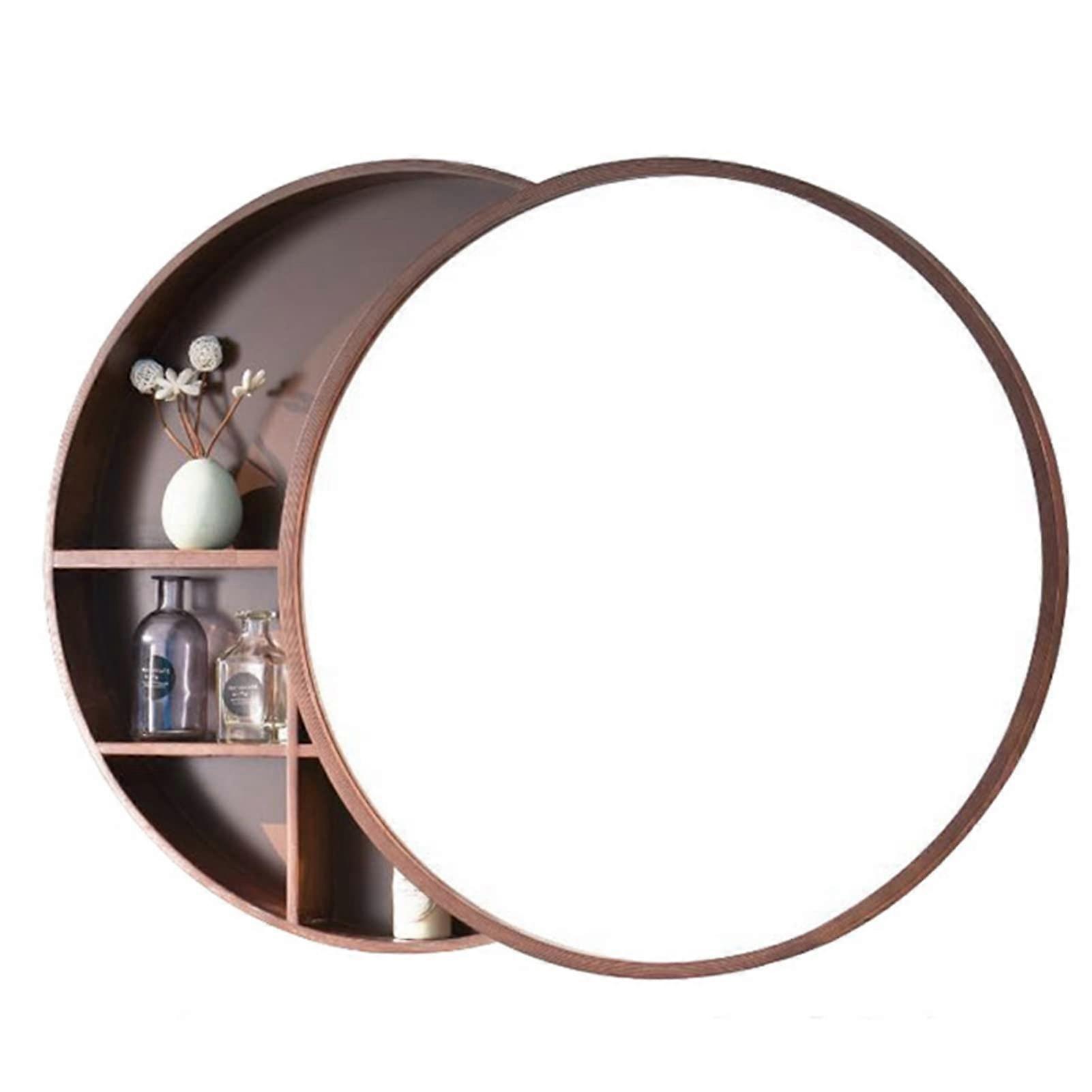 Solid Wood Bathroom Mirror Cabinet 60CM Round Push Pull Wall Mounted Vanity Storage Brown Finish