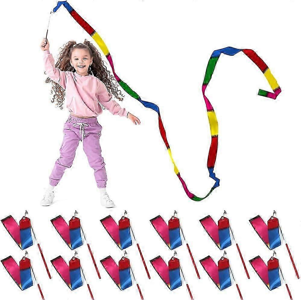 Multi-Colored Twirling Streamer Gymnastics Wand Rhythmic Ribbon Baton Stick, 12 Pack Silks Dancer Wands Wedding Dance Flag Princess Girls Outdoor Gam
