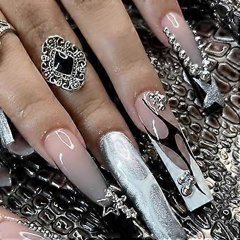 Ultra Long French Press on Nails Set for Women, Square Glossy Fake Nails with Silver Bead Chain 24pcs