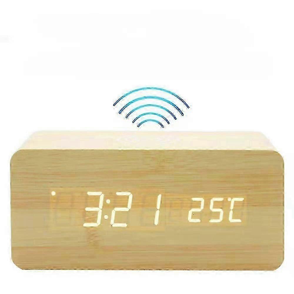 Wooden alarm clock with wireless charging LED