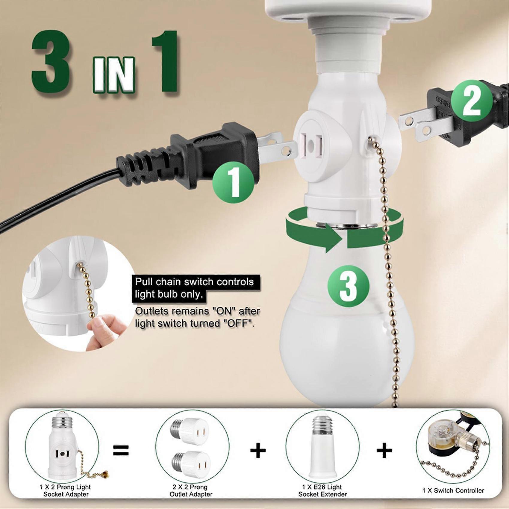 2 Outlet Light Socket Adapter,E26 Bulb Socket to Outlet Splitter,Convert Medium Screw Socket Into A Socket 2 Outlets 4pc