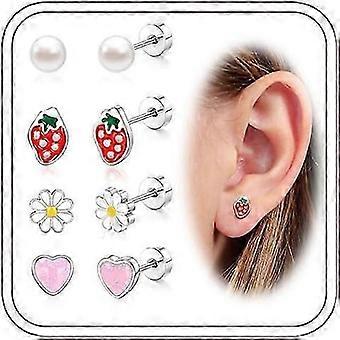 Hypoallergenic Earrings for Girls, Cute Toddler Earrings Kids Baby Flatback Screw Back Earrings 14k Real Gold Plated Small Pearl Flower Pink Heart pre