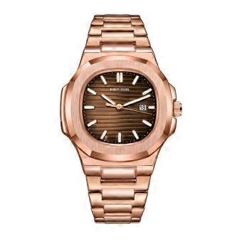 Men's Luxury Watch Brown Striped Dial Rose Gold Integrated Bracelet Date