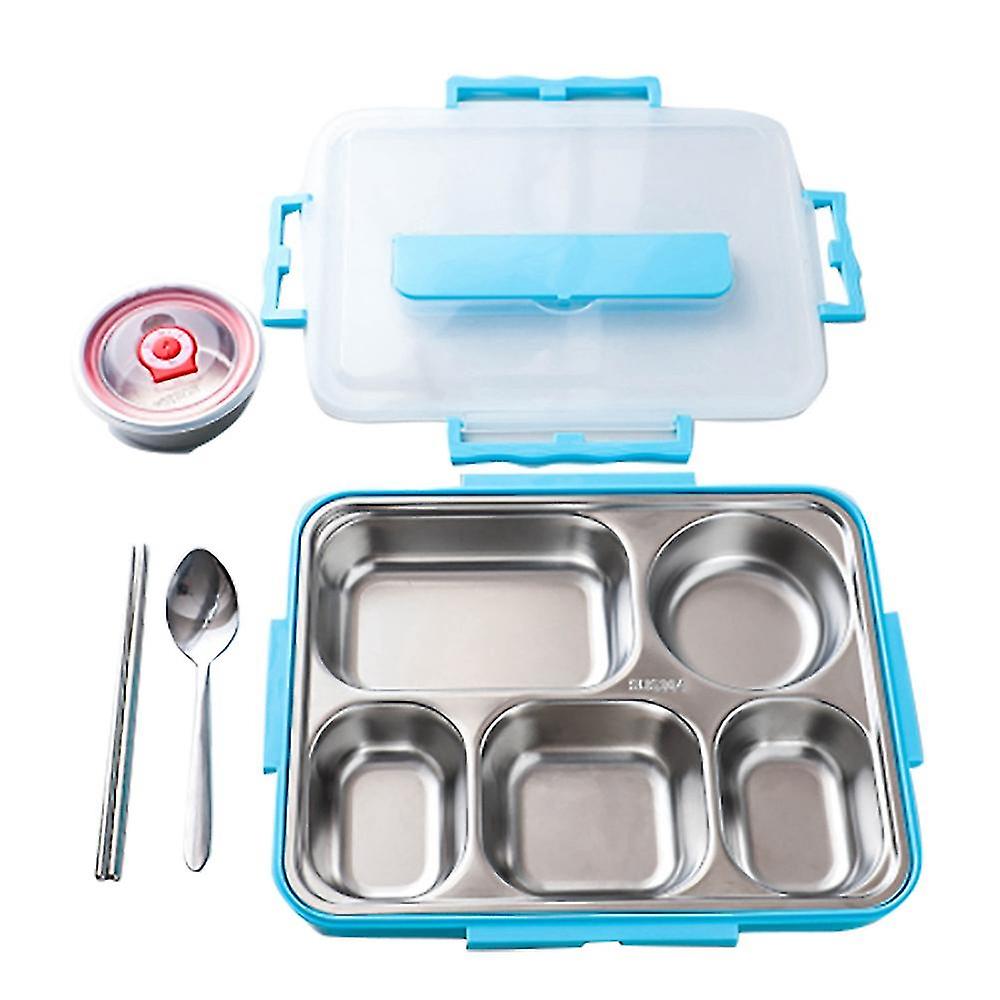 5 Compartments Lunch Box Stainless Steel Leak-proof Bento Boxes Soup Container School Dinnerware(bl