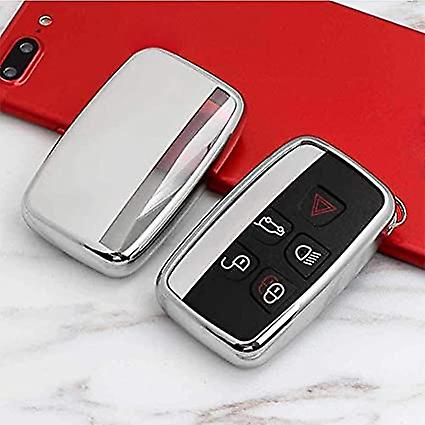 Soft TPU Car Key Cover Shell Compatible with Land Rover Discovery Sport Evoque Aurora Jaguar XF XJ XJL XEL XFL F-Pace 5 Buttons Silver