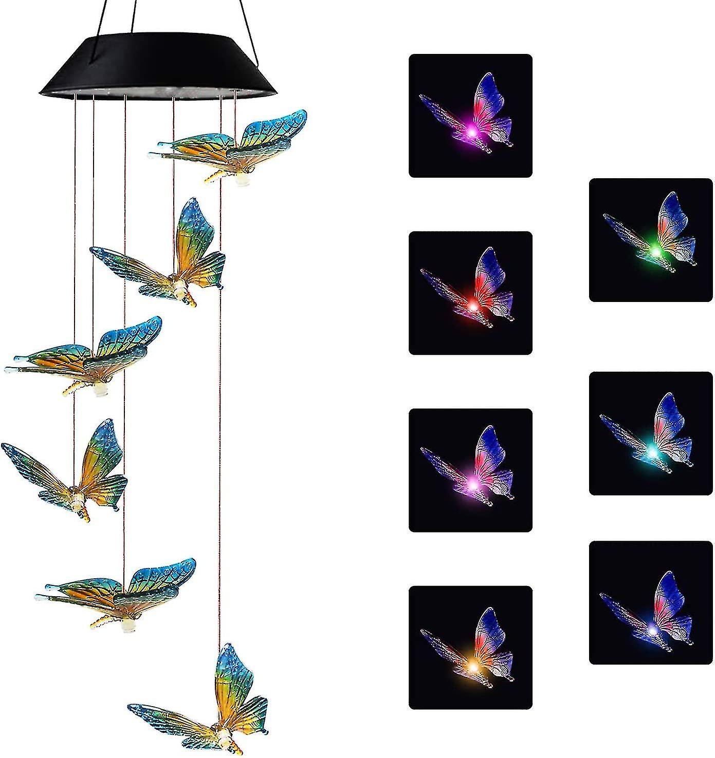 太陽蝶風鈴外用、ママ色を変えるハンギングモバイルウィンドチャイム屋外防水LedソーラーライトポーチデッキガーデンP