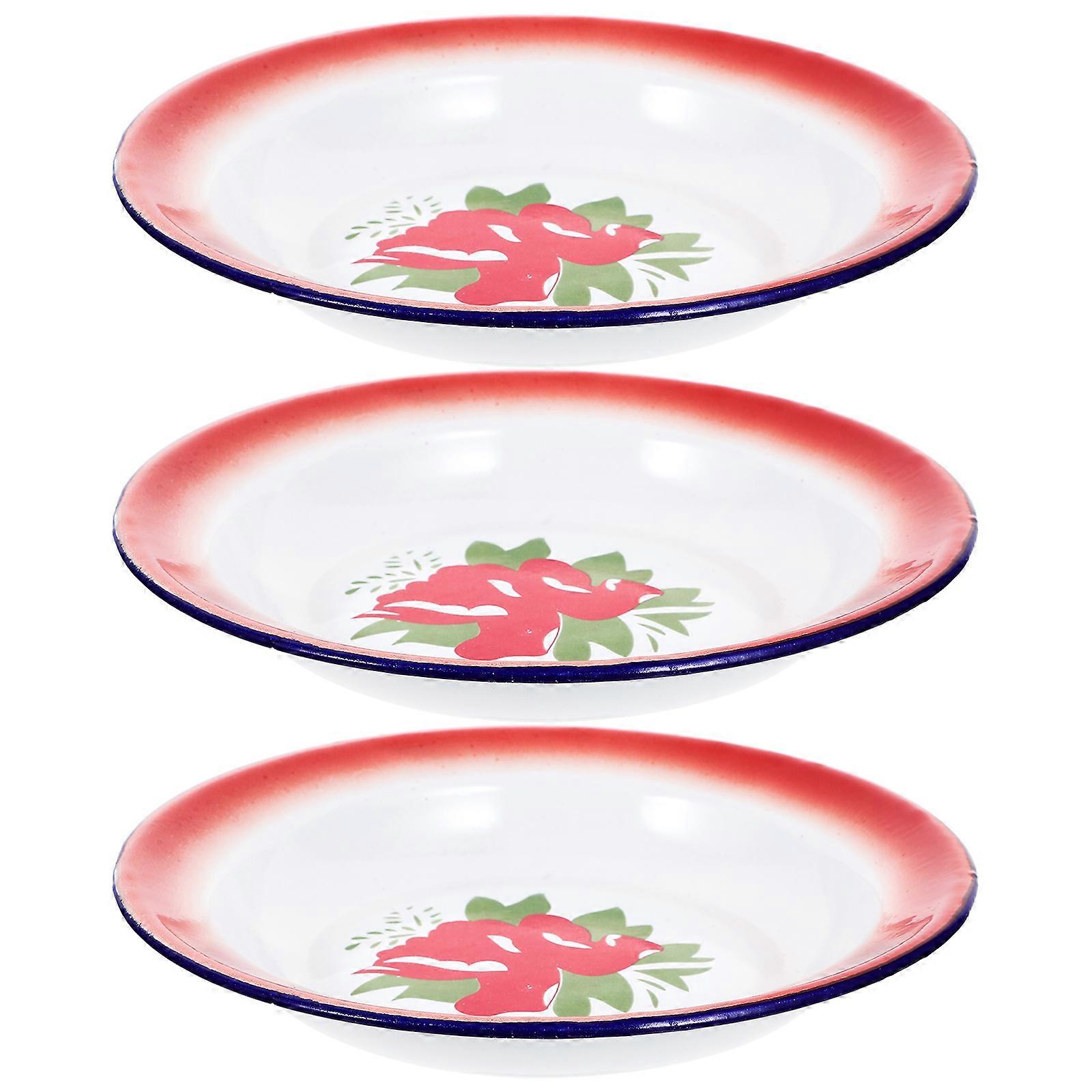 3pcs Retro Round Dishes Enamel Food Serving Dishes Enamel Plates for Home