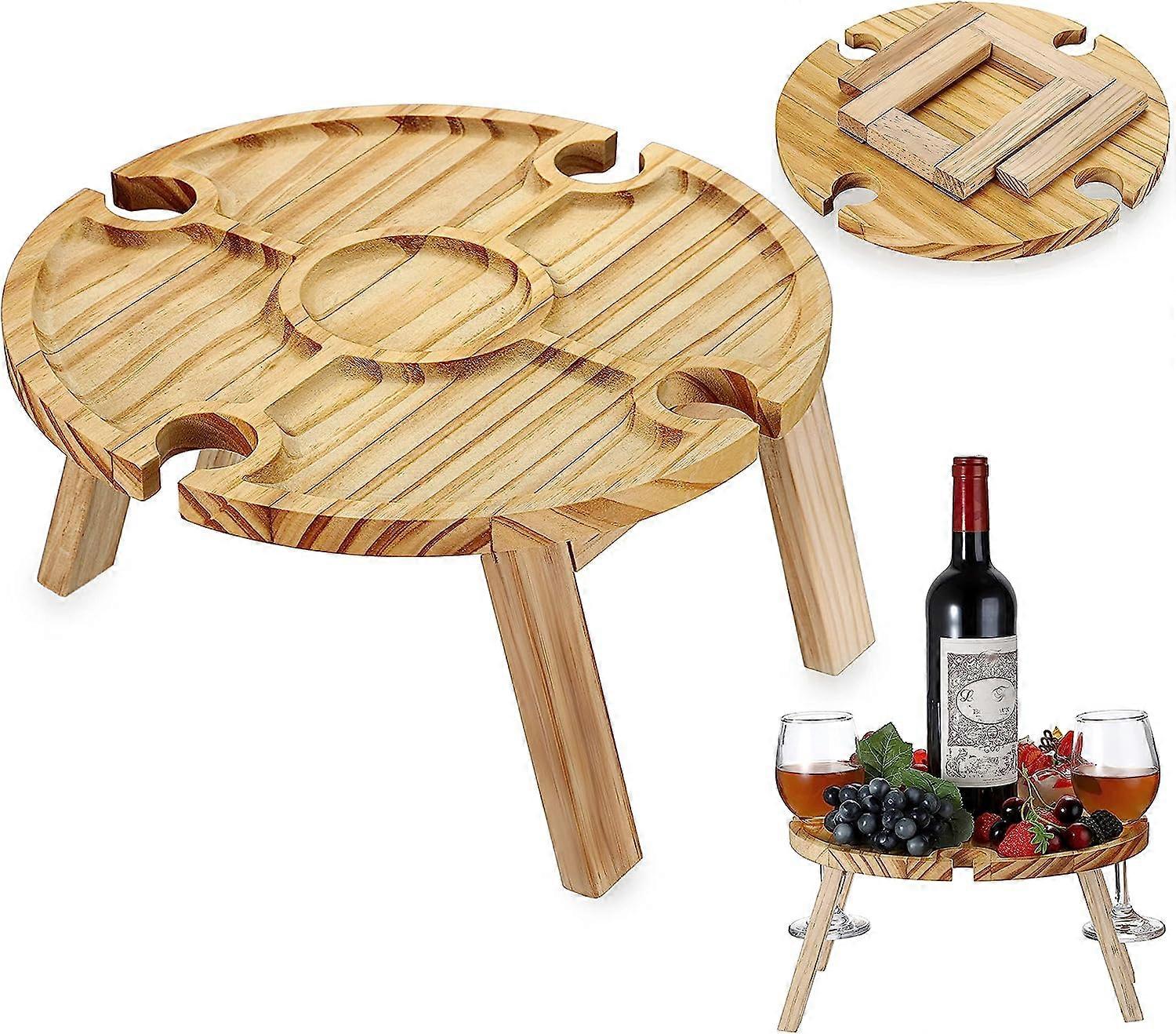 Round Portable Wine Picnic Table with 1 Bottle Holder+4 Glass Holders Natural Wood Picnic Table Small Bed Tray Foldable Picnic Table for Beach Campi
