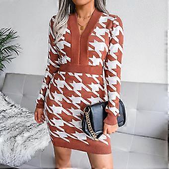 Houndstooth Print Sweater Dress V Neck Long Sleeve Knitted Bodycon Dress  For Women | Fruugo NO