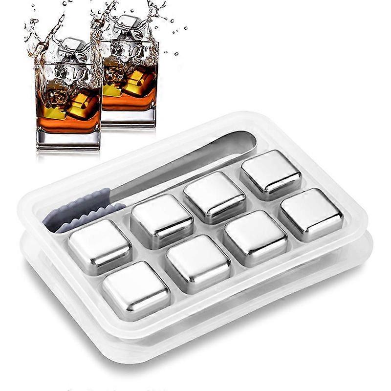 Set of 8 reusable stainless steel ice cubes with silicone clips and storage tray for wine, drink, juice or soda