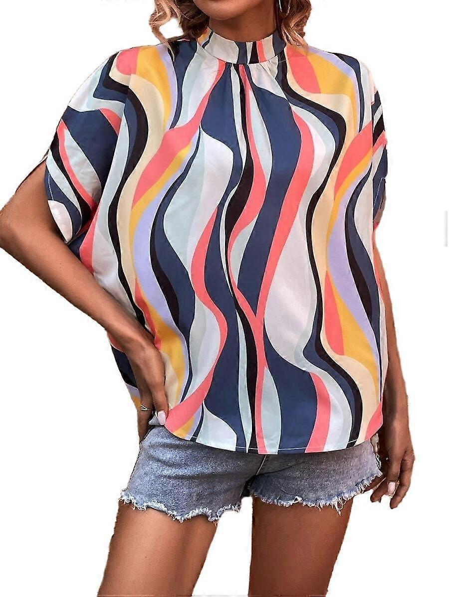 Short Sleeve Blouse T-Shirt Elegant Style Casual Fitted Blouse Top Wavy Pattern