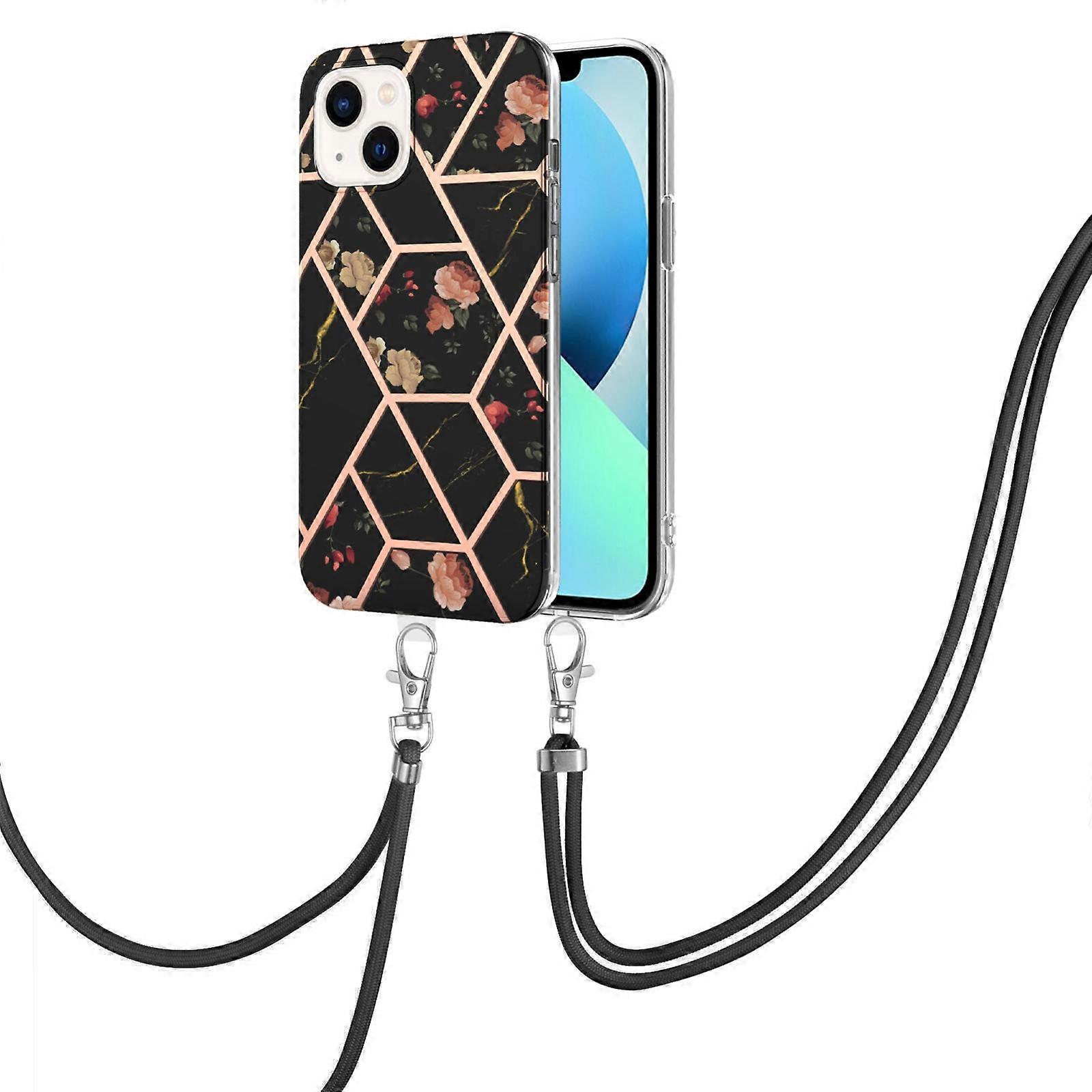For iPhone 14 Plus Electroplating Splicing Marble Flower Pattern TPU Shockproof Case with Lanyard