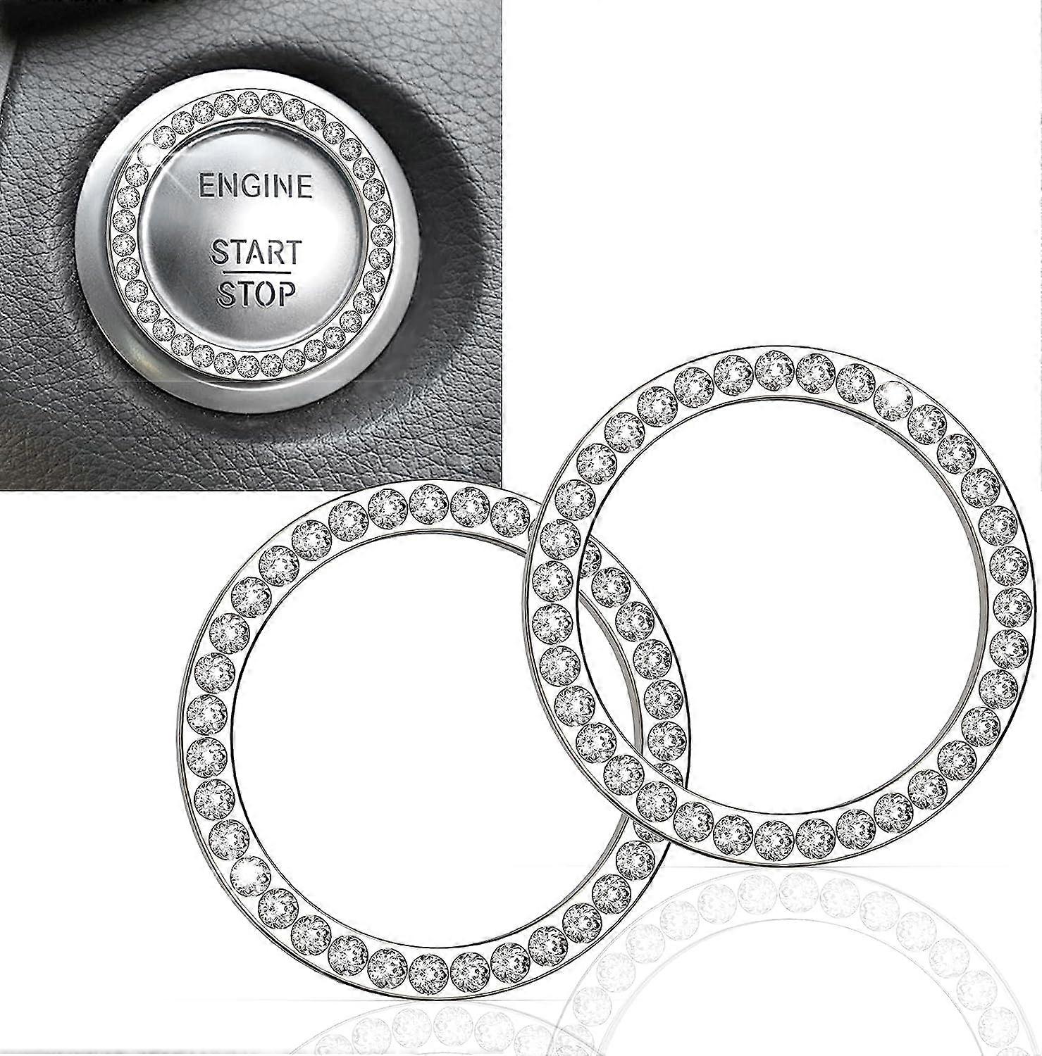 2Pcs Crystal Rhinestone Ring for Car Decor, Auto Engine Start Stop Decoration Crystal Interior Ring Decal