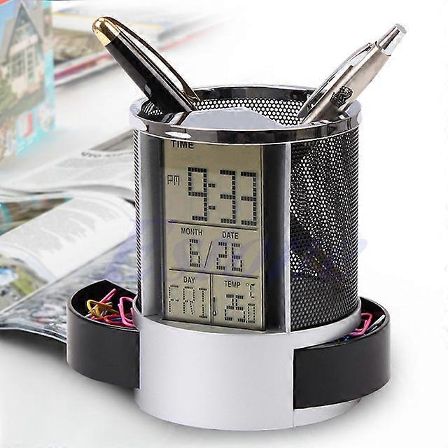 Mesh Pen Pencil Holder with Digital LCD Office Desk ALarm Clock with Time Temp Calendar functionDesk Organizers