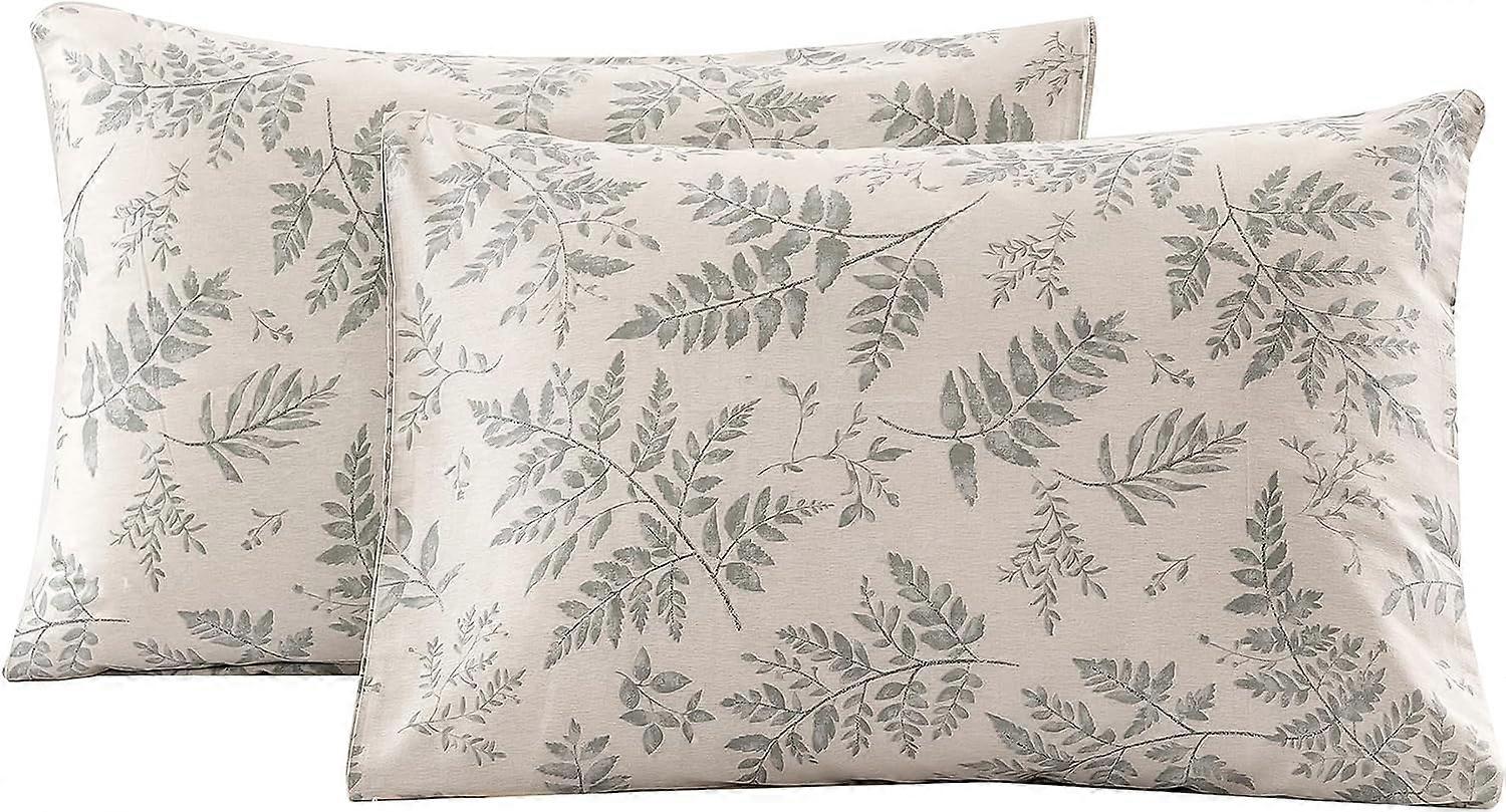 2 Pack Pillowcase Standard Size with Green Botanical Plant Leaves Pattern Pillow Cases Set, 100% Cotton Queen Pillow Covers Envelope Closure (Standard