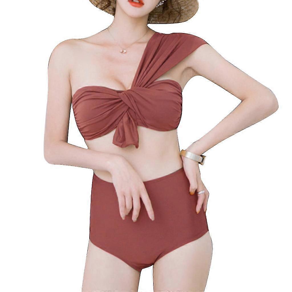 Womens One Shoulder Bikinis Set High Waisted Swimsuit Solid Color Bathing Suit