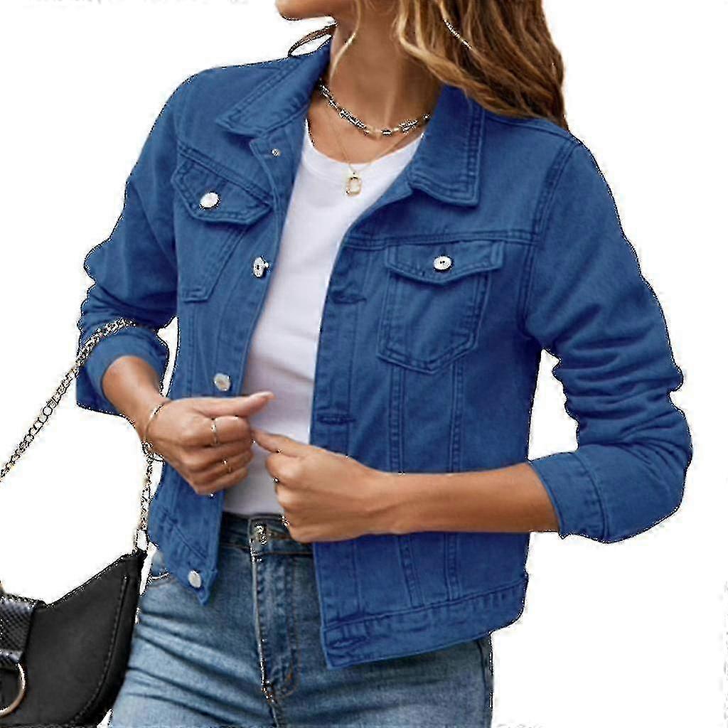 Women's Cropped Denim Jacket, Button Down Long Sleeve with Stylish Pockets