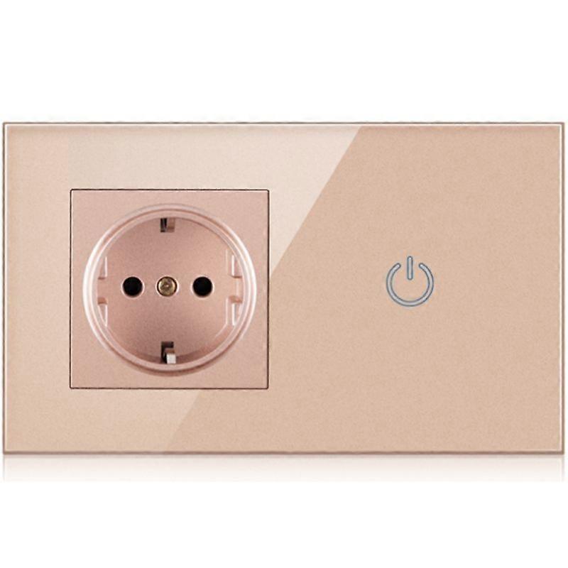 EU Power Outlet Socket With Touch Switch 100V~250V German Wall Electrical Socket LED Single Light Switch Gold Glass Panel