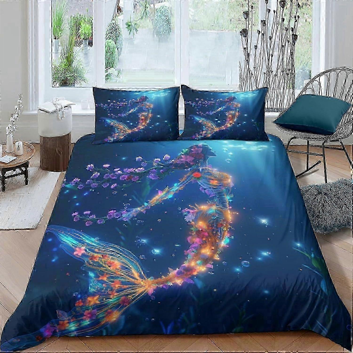 J292 Lençóis 3D Sereia Conjunto de Cama Capa de Edredão Conjunto de Capa de Edredom para Meninos Meninas Adolescentes Quarto Capa de Edredão Decorativa com Fronhas 3 Pcs Zíper