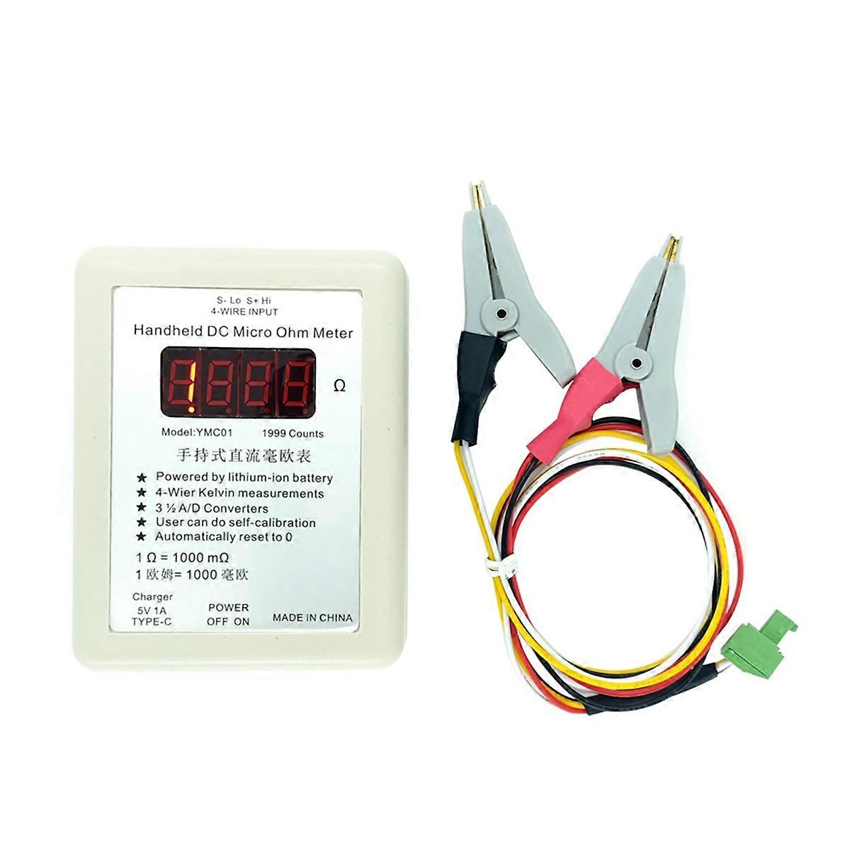Handheld DC Milliohmmeter Low Resistance Tester Meter Four Wire Kelvin Measurement Rechargeable 20R 1-1999m SmallClip