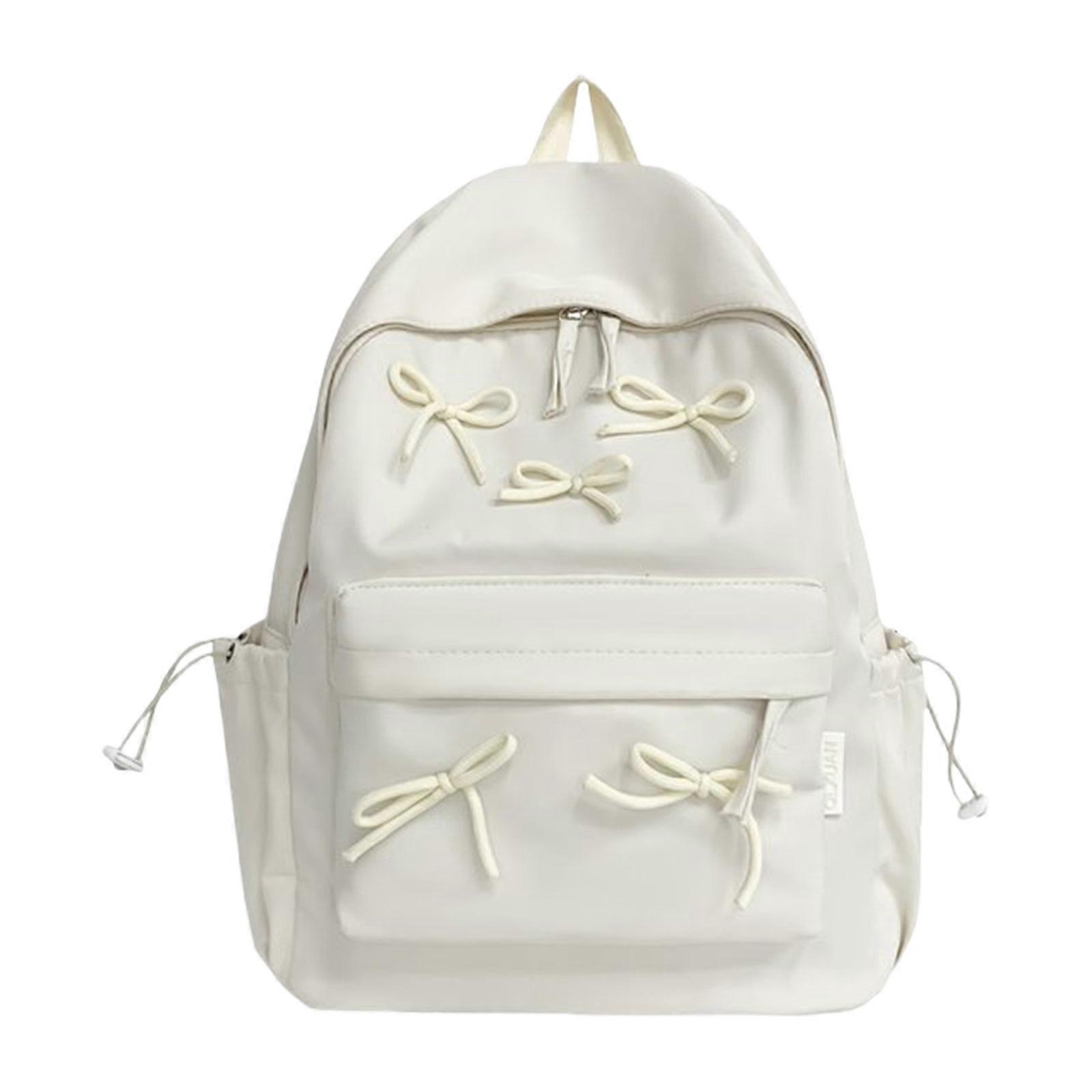 Laptop Backpack Large Capacity Backpack Causal Daypack Solid Color Travel Backpack School Backpack Lovely Bows Backpack  White