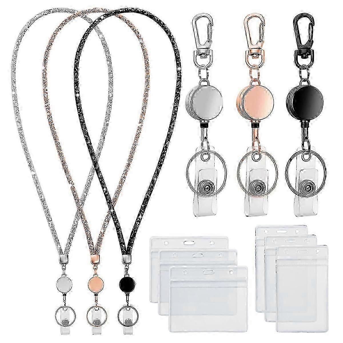 Lanyards for Id Badges 9 in 3 Set Bling Badge Lanyard with Id Badge Holder Retractable Crystal Teacher Lanyards