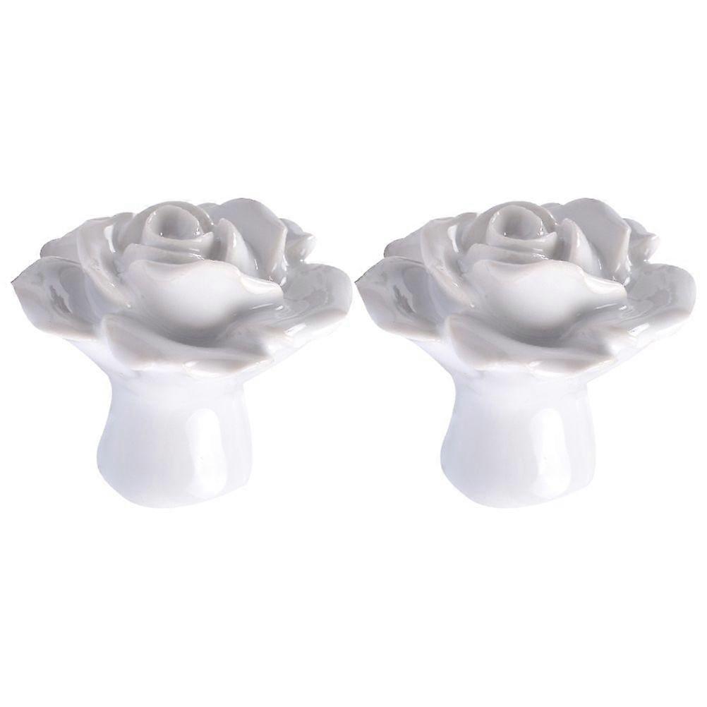 2pcs Rose Shaped Ceramic Kitchen Cupboard Cabinet Drawer Door Knobs Pull Handles (White)