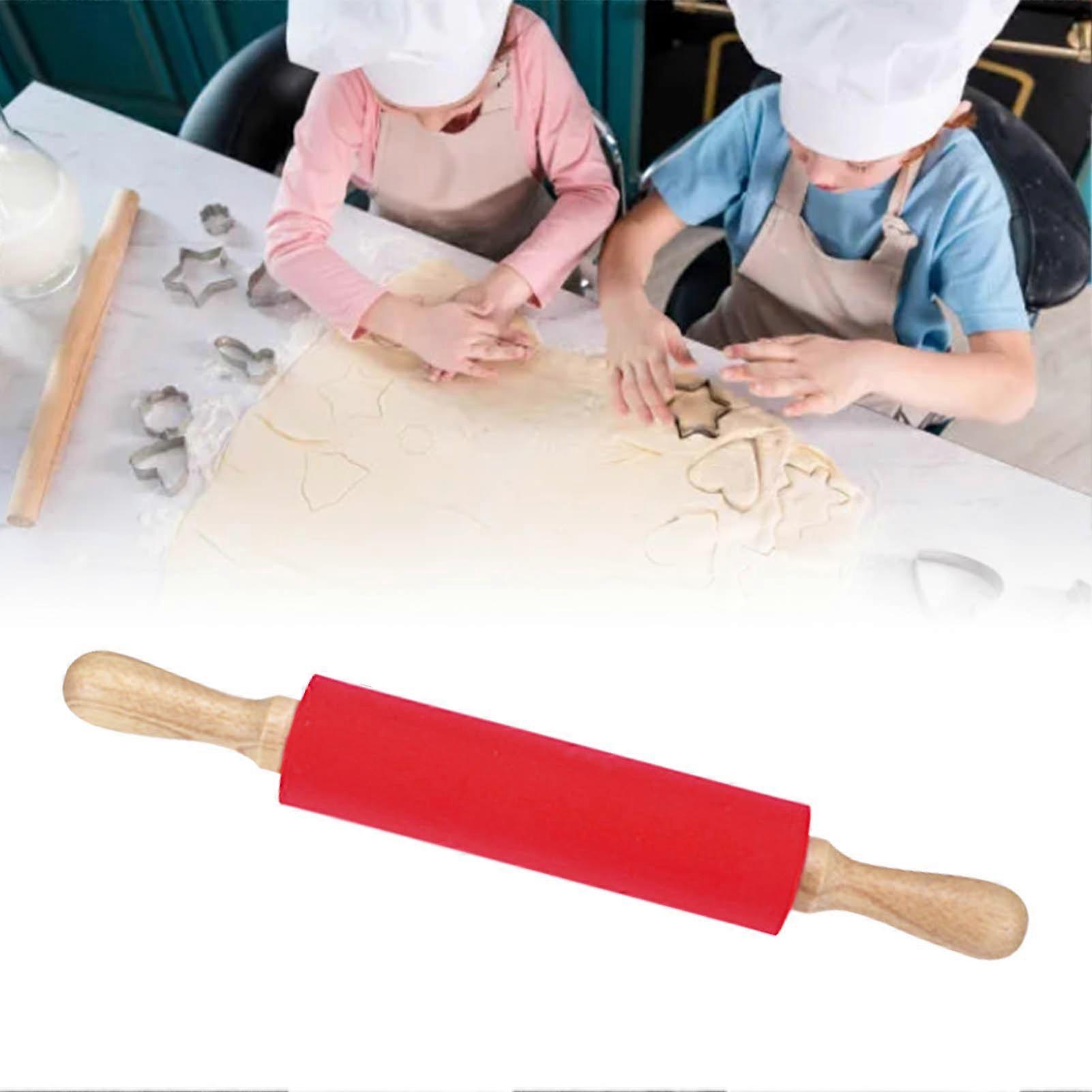 Extended Silicone Rolling Pin Solid Wooden Handle Non Stick Surface Rolling Pin Baking Tools Red 