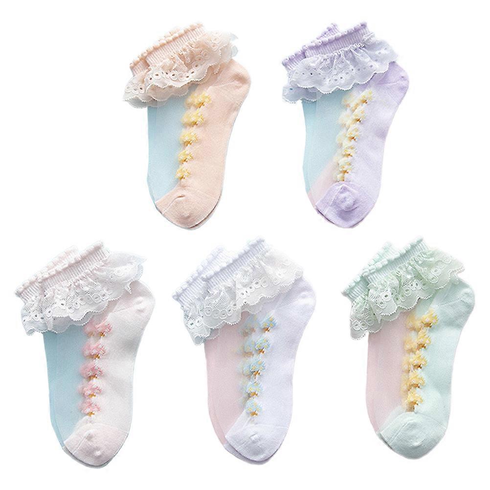 Sweat-Wicking Socks For Kids Girls Casual Lace Thin Short Socks Assorted Color Size S 5 Pairs