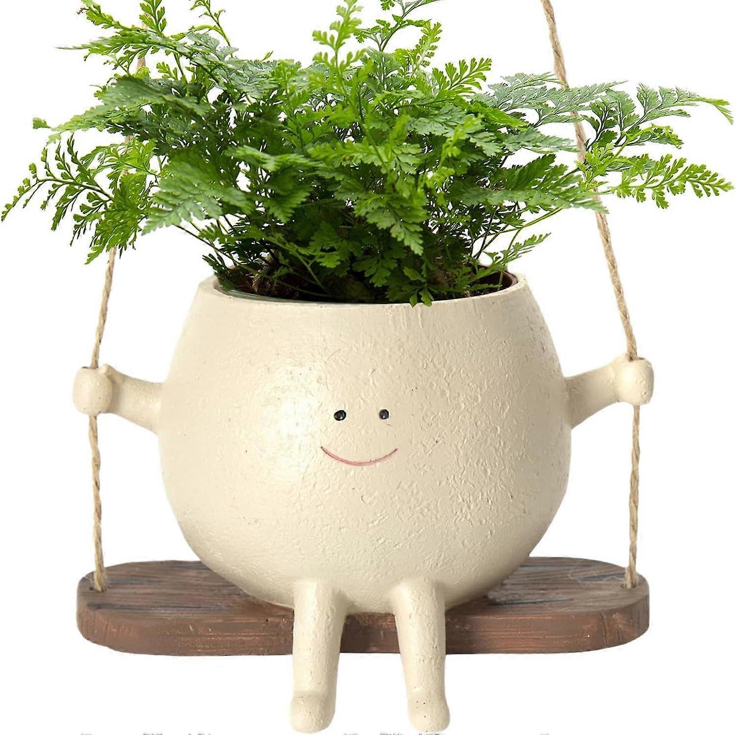 Hanging Flower Pots with Cute Smile Face, Resin Planter for Indoor Outdoor Use, Swing Face Design, 1 Piece