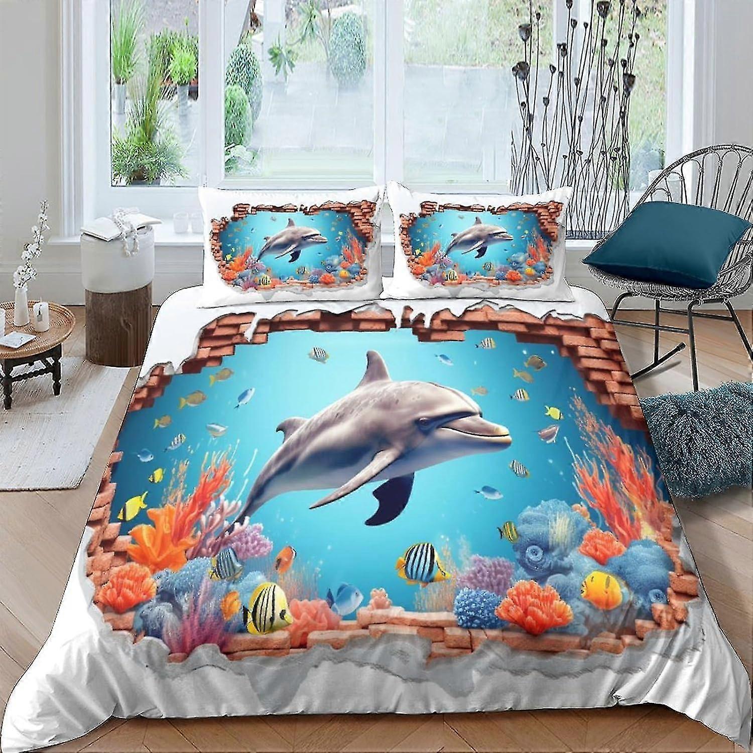 Conjunto de Capa de Edredom Dolphin Conjunto de Cama Branco com Fecho de Zíper, Adequado para Crianças, Adolescentes e Adultos, 3 Peças Duplas