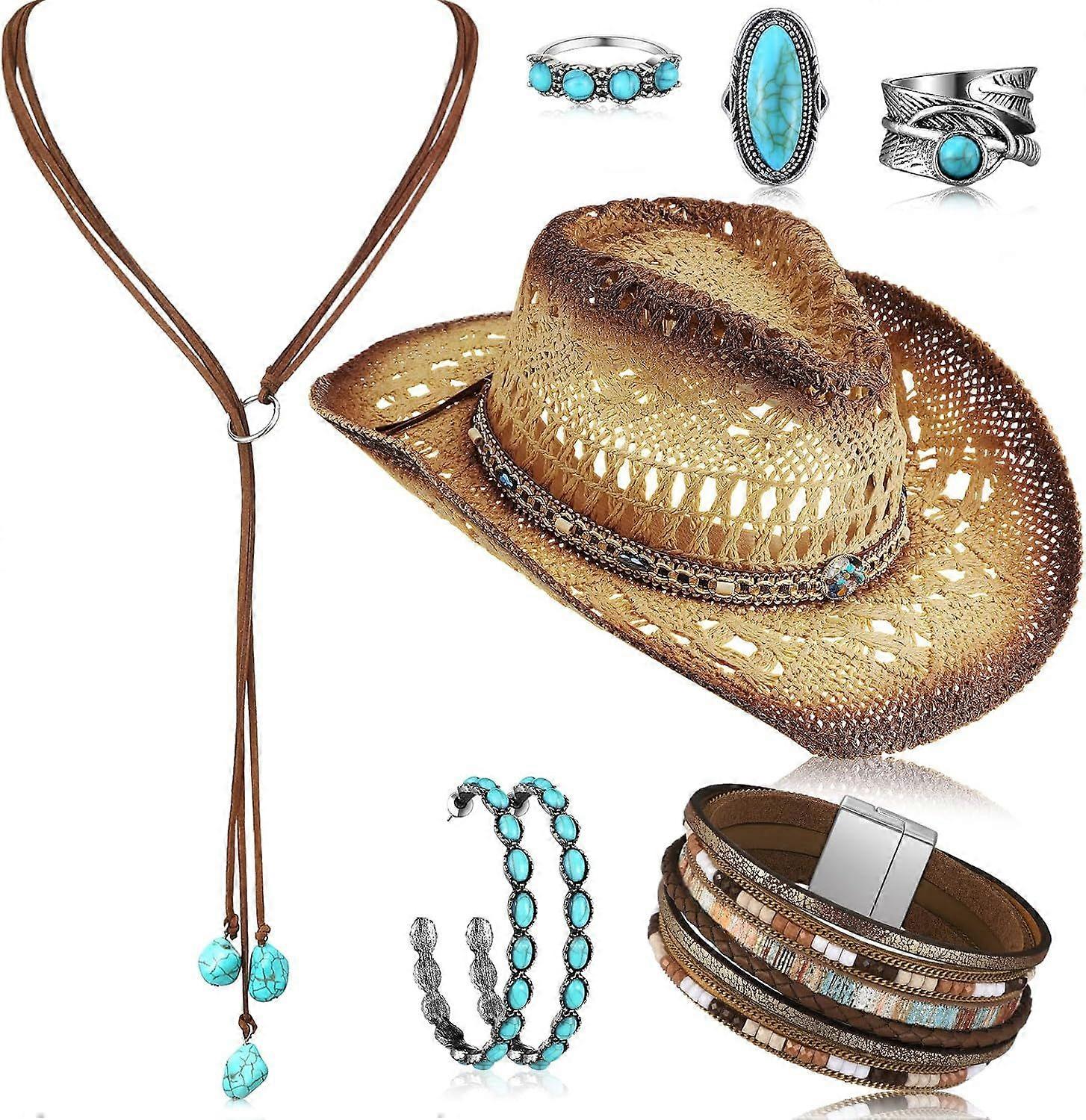 2025 Neuestes Modell 7 Stück Boho Schmuck Set Stroh Cowboyhut mit Vintage Türkis