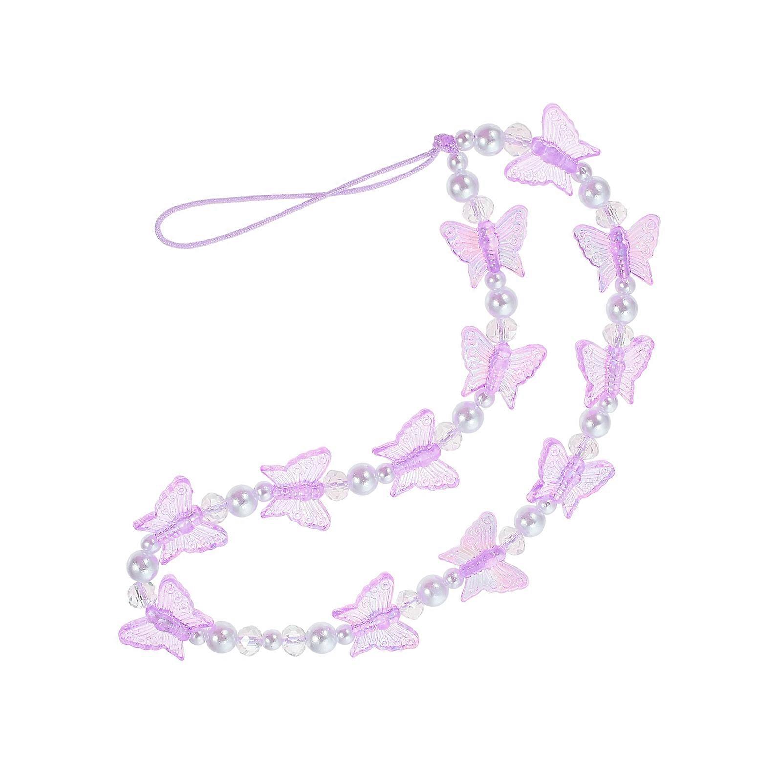 Butterflies Pearl Phone Chain Lanyard Stylish Lost Strap for Cellphone Camera, Durable Hanging Ornament Mobile Accessory with Purple Crystal Design