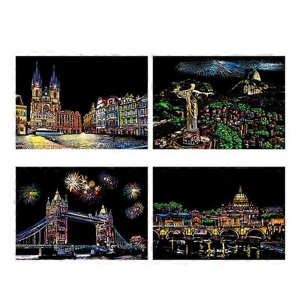 4 sheets of scraping paper DIY crafts A4 white cardboard landscape scraping board scraping paper beautiful city