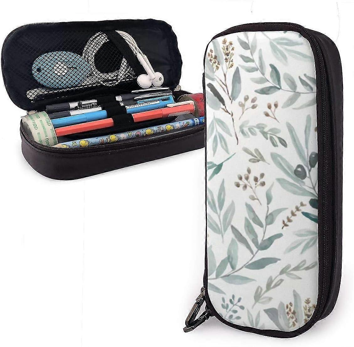 Leather Pencil Case Eucalyptus Pattern Pen Case Funny Stationery Case Durable School Stationery for College Adults Student39462