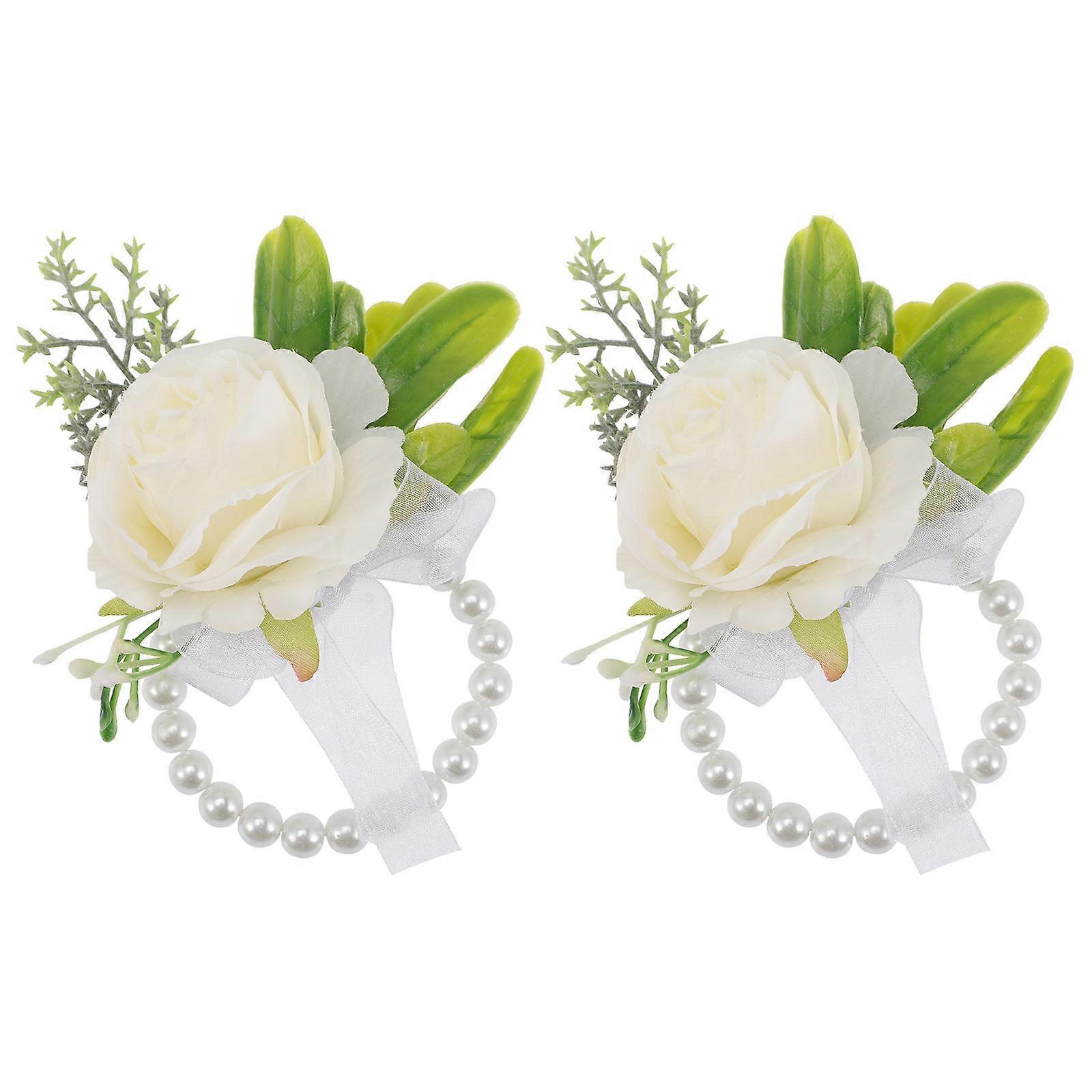 Wrist Artificial Flowers 2Set Wedding Hand Flower Bridesmaid Accessory Elegant Design 11x8cm White