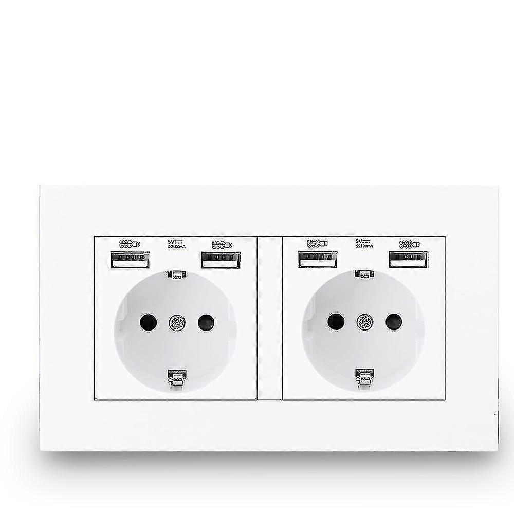 16A USB Power Outlet Double Frame Wall Socket, White with 4 USB Ports