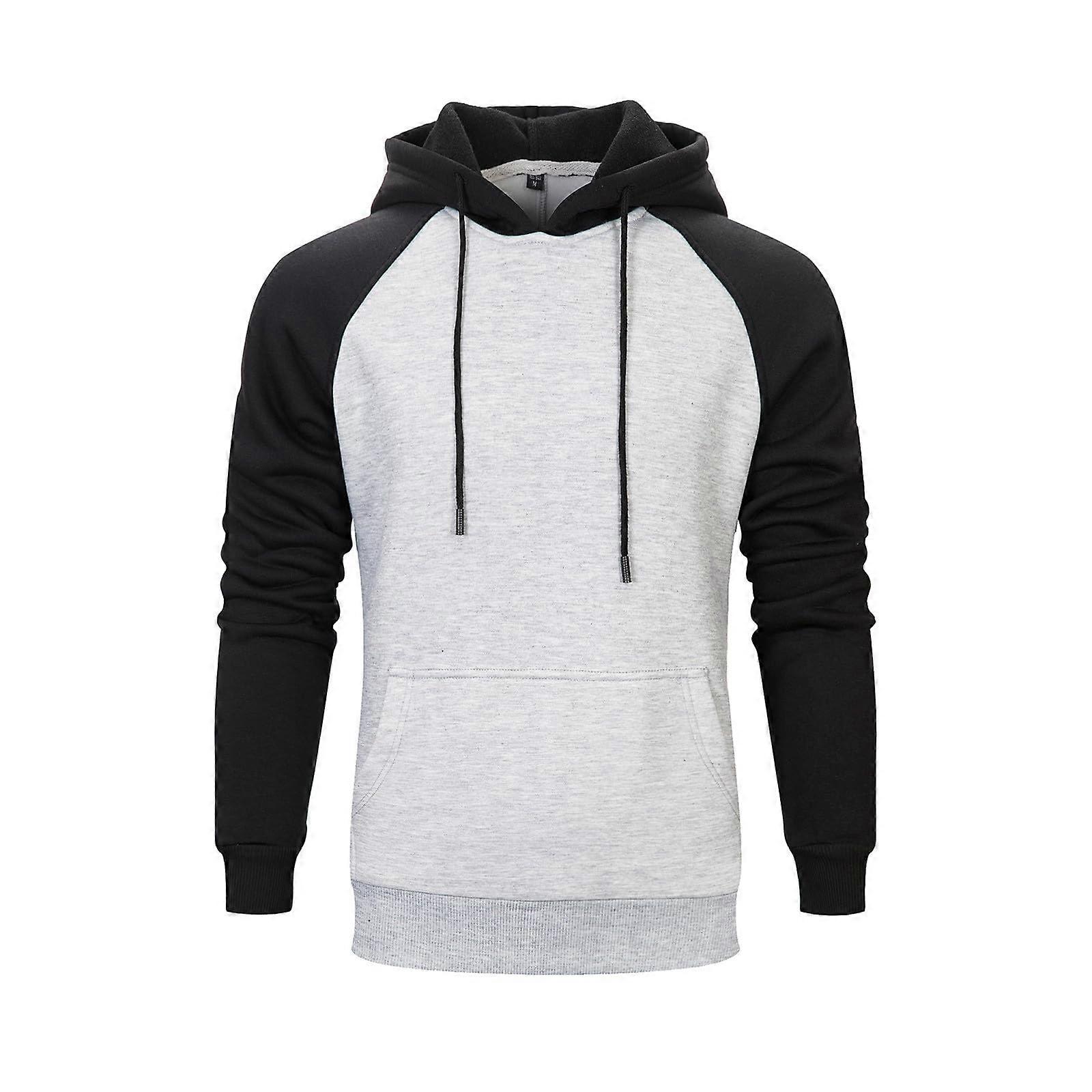 Men's Hoodie Sweatshirt with Hood Colour Block Patchwork Long Sleeve Pullover with Pockets Light Grey