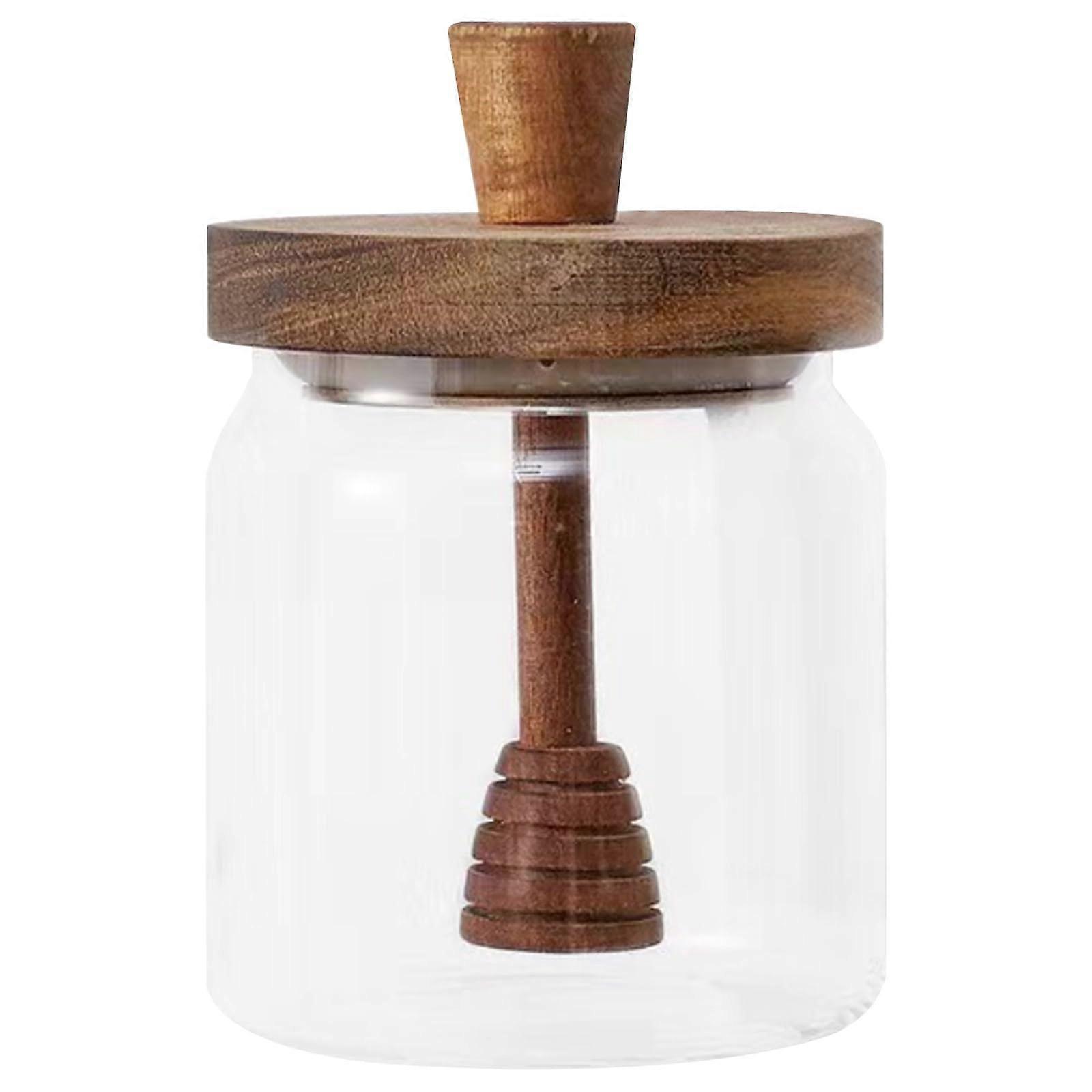 Honey Jar with Wood Dipper and Lid, 400ml Sealing Borosilicate Glass Honey Pot, Dust Moisture Proof Pot for and Syrup