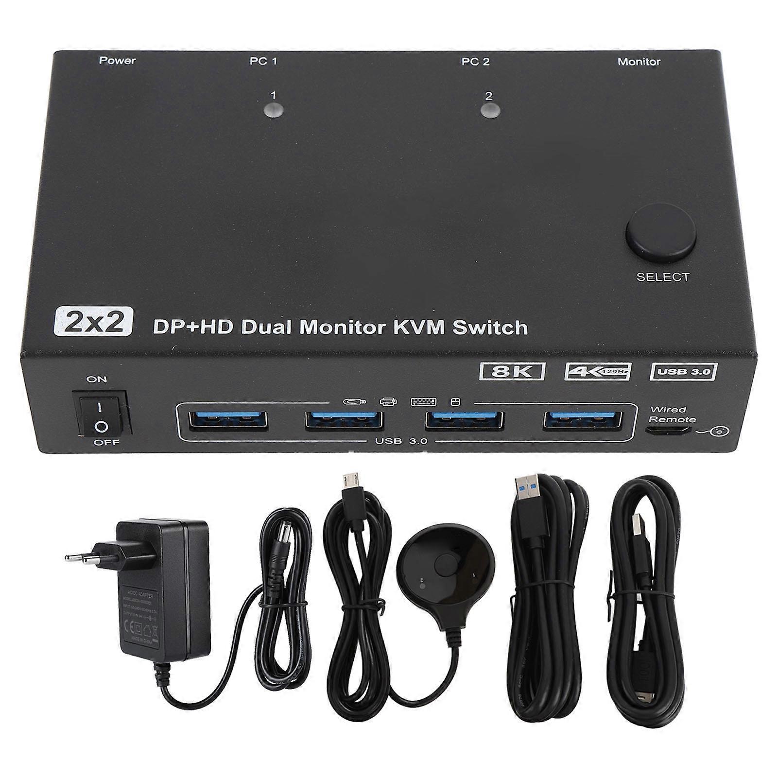 KVM Switch for 2 Screens and 2 Computers with 4 USB 3.0 Ports 4K 120Hz EU Plug