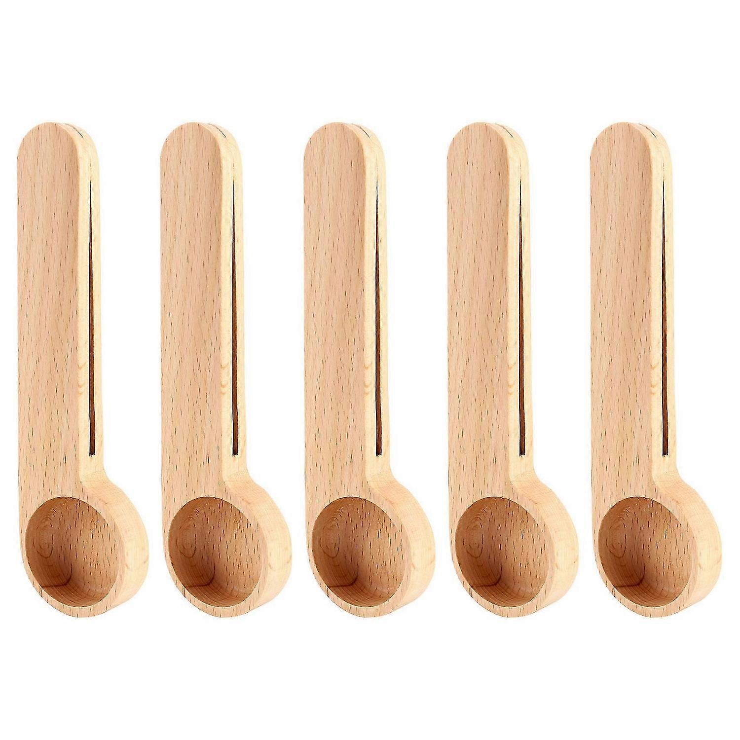 5 Pcs Wooden Scoop & Bag Clip Measure Spoon 2-In-1 for Coffee,Tea
