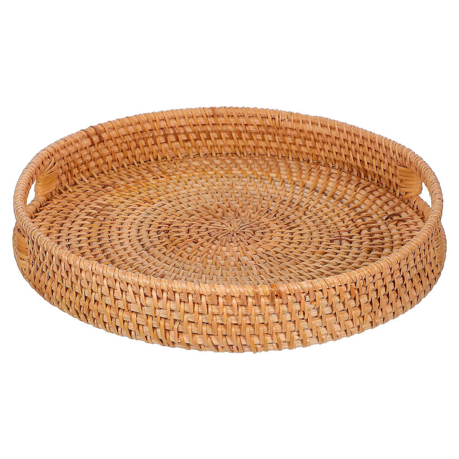 Round Rattan Tray for Outdoor Use with Hollow Handles 3Pcs Serving Set