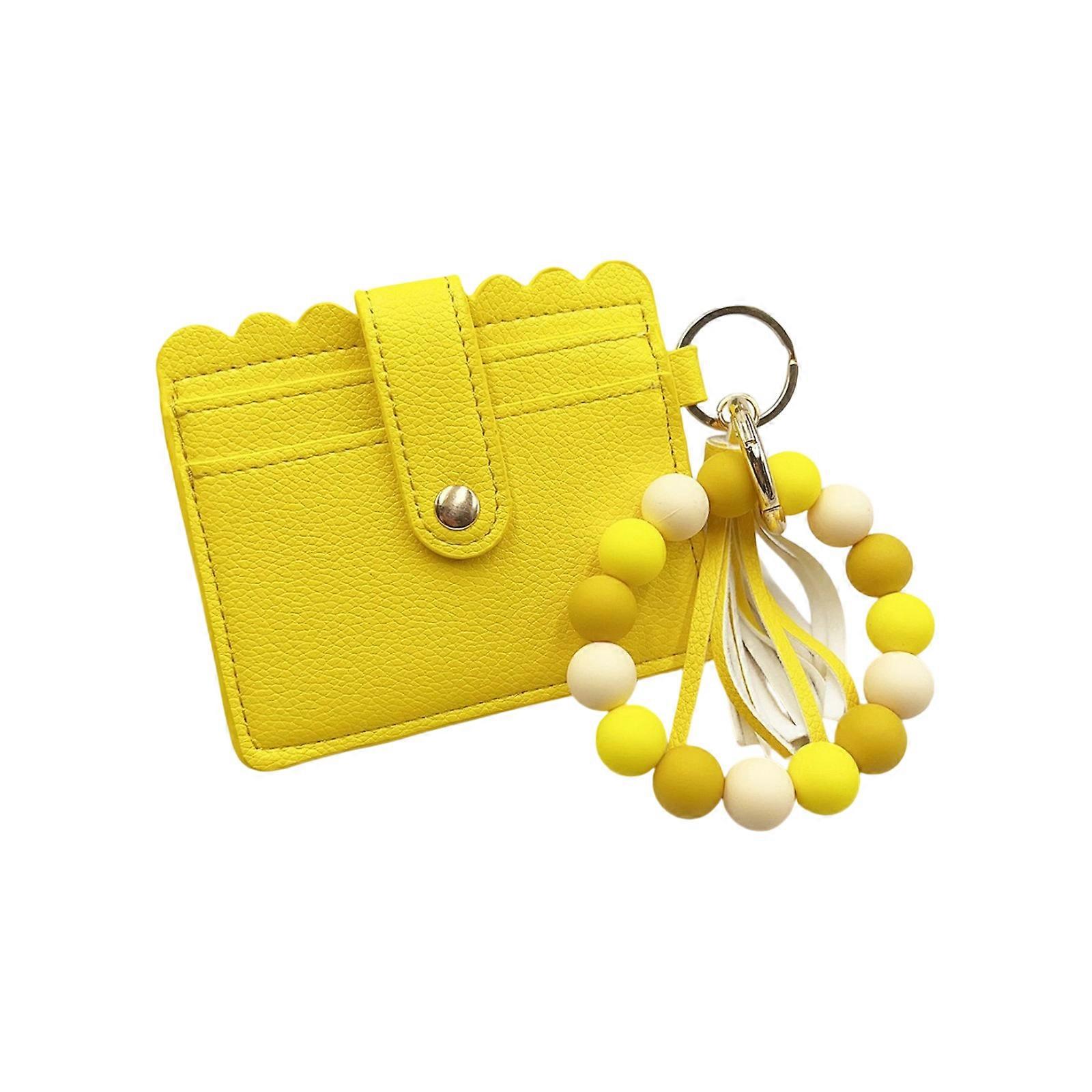 Women's Card Wallet With Tassels Charm Practical Silicone PU Leather Slots Coin Purse Secure Snap Button  Yellow