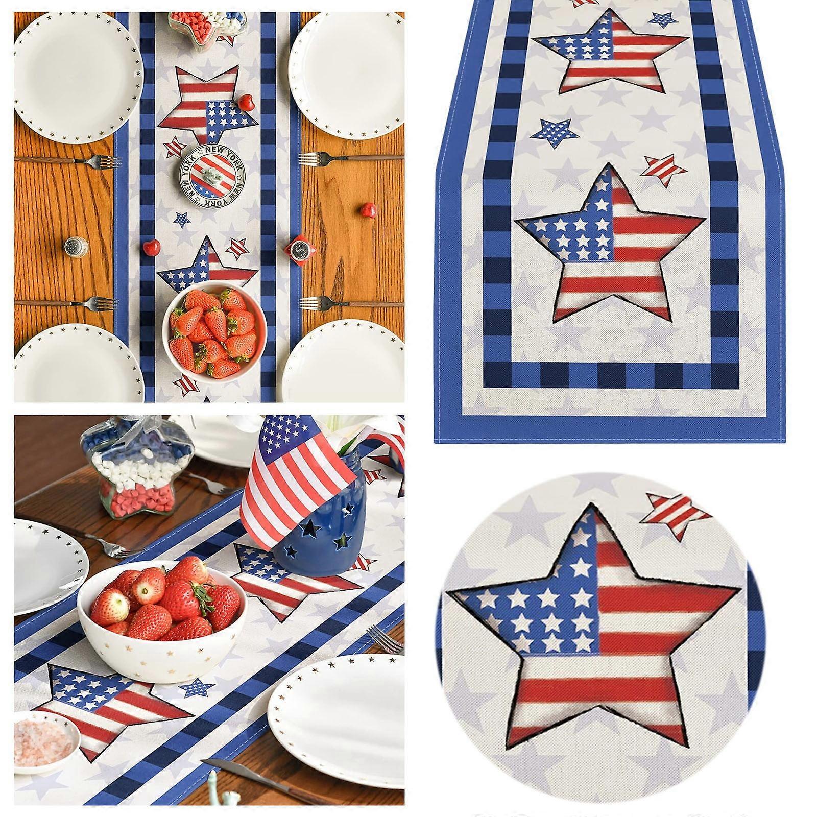 1PC Independence Day Table Runner, Star Print Satin Flag Ribbon with Wired Edge, Compatible with Holiday Craft Decoration