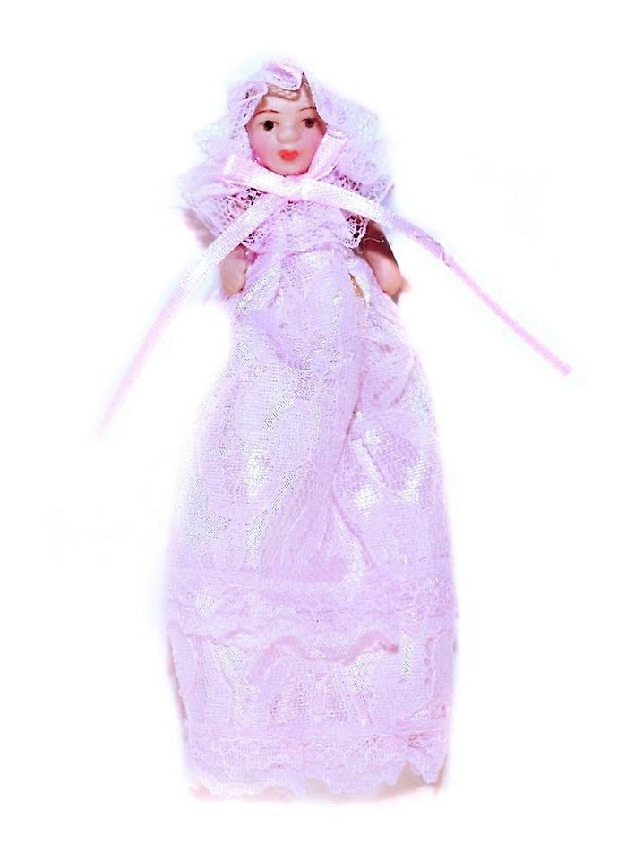 Dolls House Victorian Baby Girl In Pink Christening Gown Miniature