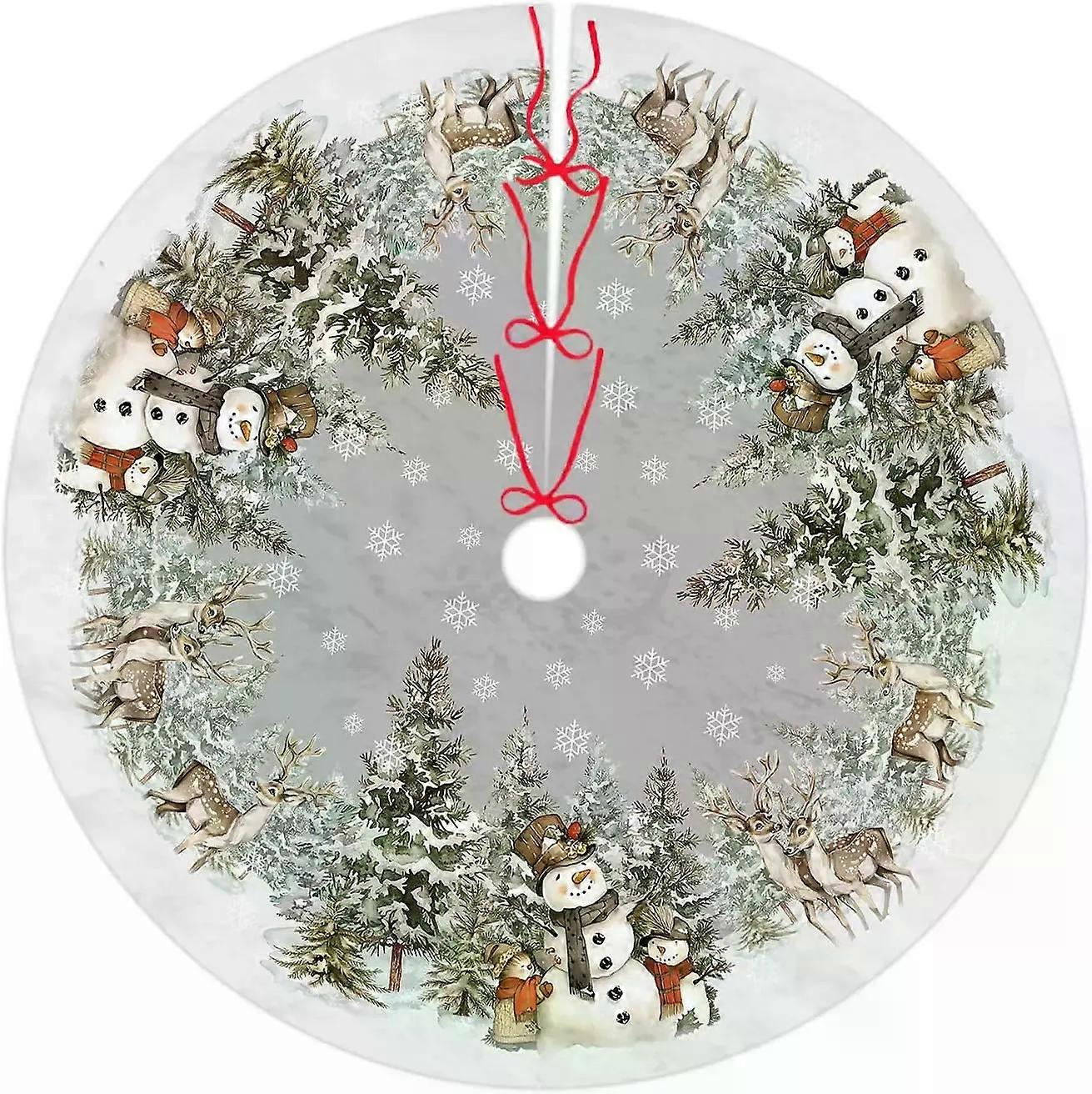 Saia para árvore de Natal com boneco de neve, rena e flocos de neve, ideal para decoração de festas de inverno, ambientes internos e externos.
