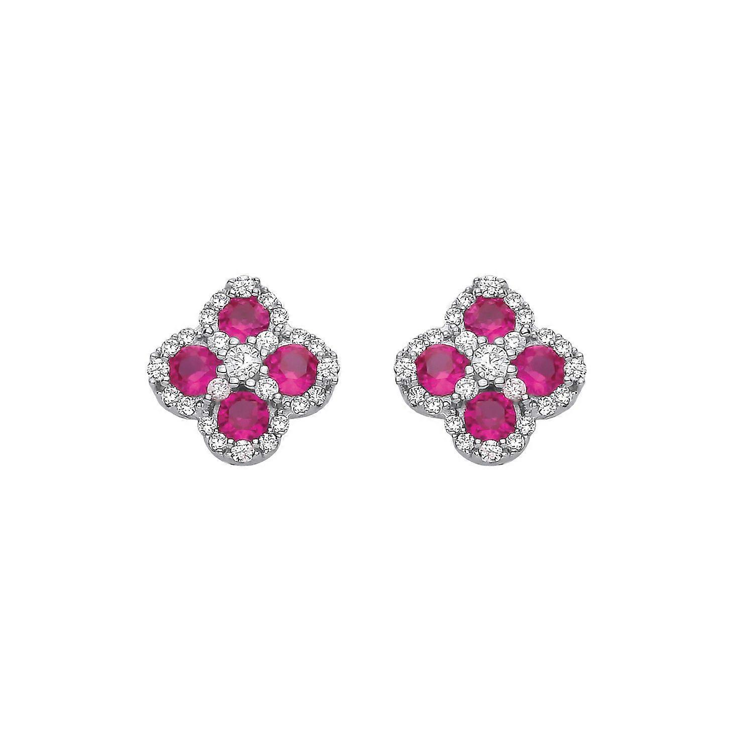 Jewelco London Sterling Silver CZ & Ruby Clover Stud Earrings