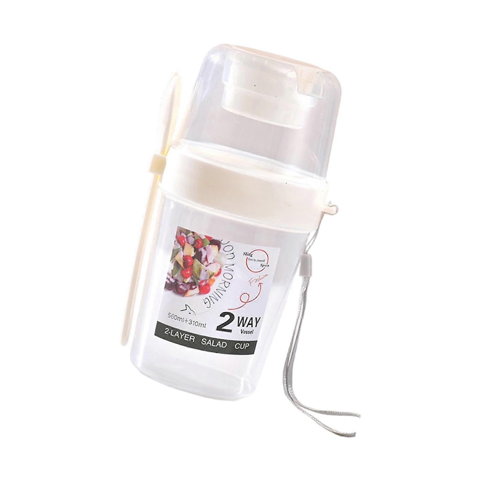 Double Layer Food Storage Cup with Separate Compartments for Dressing and Green Keep Freshness Portable Use  White