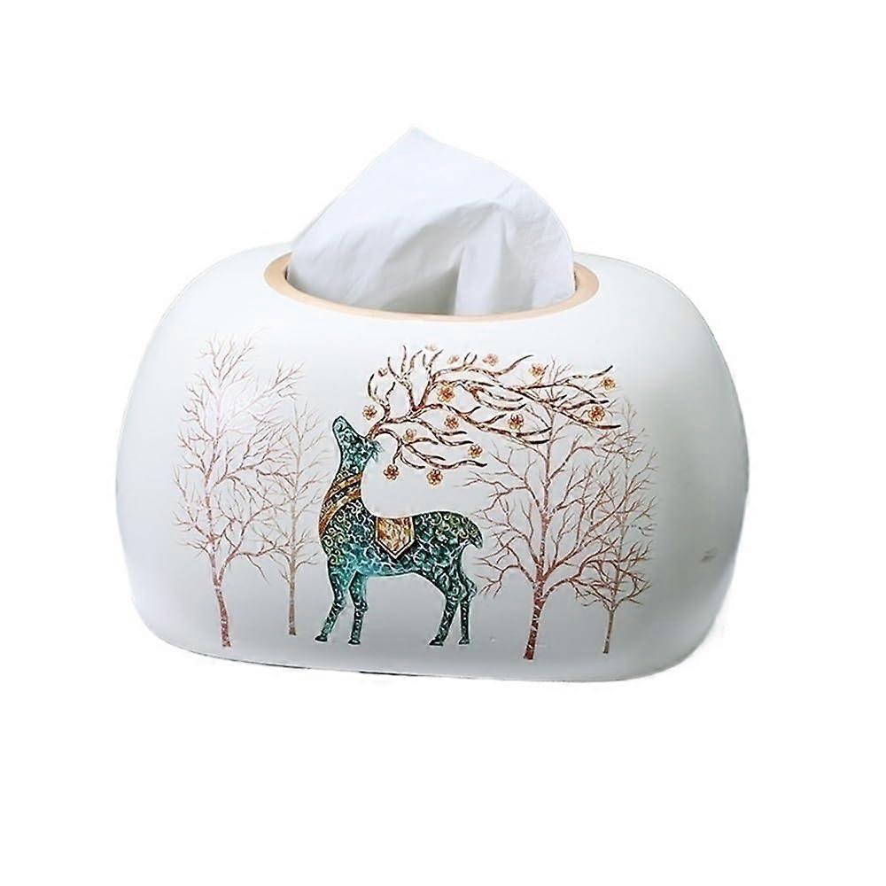 Tissue Box Cover Ceramic Deer Pattern Decorative Tissue Holder for Living Room and Kitchen