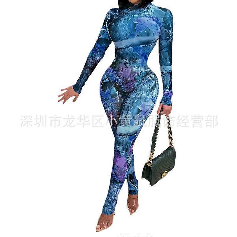 Women Stylish Long Sleeves Multicolor Print Patchwork Bodycon Jumpsuit